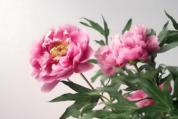 Beautiful pink peony flowers flying on light background