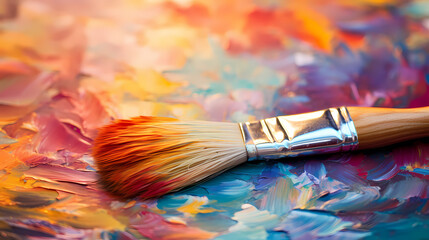Obraz premium An extreme close-up of a painter’s brush as it glides across the canvas, blending vibrant colors to create the illusion of light in an impressionistic landscape painting