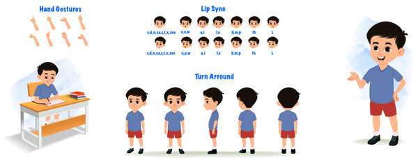  A student character model sheet. School boy creation set. Student turnaround sheet, hand gestures, lip sync