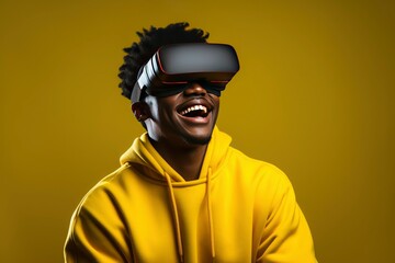Portrait African american man in vr glasses, playing video games with virtual reality headset