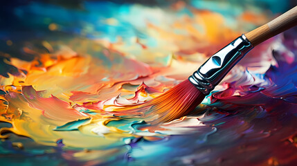 Fototapeta premium An extreme close-up of a painter’s brush as it glides across the canvas, blending vibrant colors to create the illusion of light in an impressionistic landscape painting