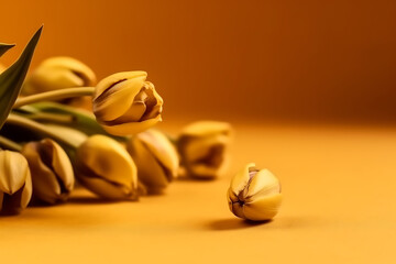 Dry tulips on yellow background