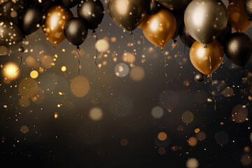 Holidays background with golden and white balloons. Serpentine, ribbons and festive mood. copy space - obrazy, fototapety, plakaty