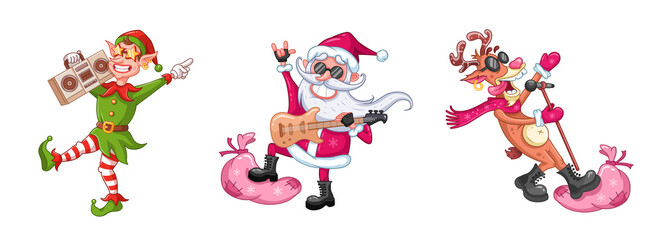 Groovy Christmas cartoon characters stickers pack. Santa Claus playing the electric guitar. Dancing Christmas elf with an audio recorder. Singing reindeer with a microphone. - obrazy, fototapety, plakaty