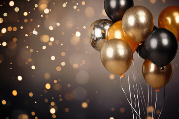 Holidays background with golden and white balloons. Serpentine, ribbons and festive mood. copy space