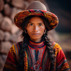 portrait of a traditional young Peruvian woman of the Quechua community in the Cusco region - obrazy, fototapety, plakaty