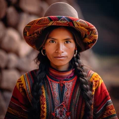 Fotobehang portrait of a traditional young Peruvian woman of the Quechua community in the Cusco region © David Escobedo