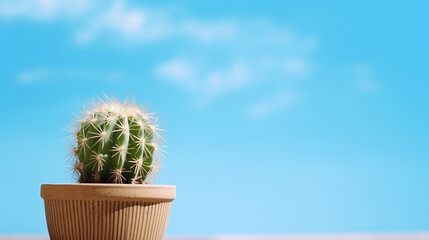 Cactus in a pot Closeup in the blue background