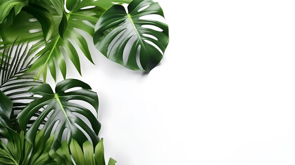 Fototapeta na wymiar Creative arrangement of tropical monstera leaves against white abstract wall background