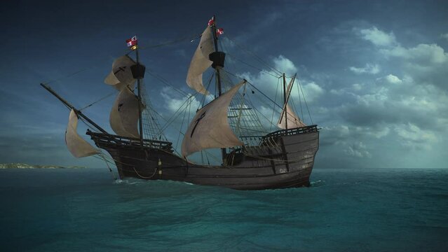 The NAO VICTORIA is the flag ship of MAGELLAN 's armada. A scientific approved 3D-reconstruction of a spanish galleon  built in 1520 AD. sails ahead of the global circumnavigational expedition.
