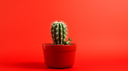 Cactus in a pot Closeup in the red background