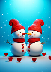 Snowmen couple on blue background
