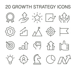 Growth Strategy Icons set. Essential elements for corporate advancement and market success. Targets, achievements, and performance analysis. vector illustration - obrazy, fototapety, plakaty
