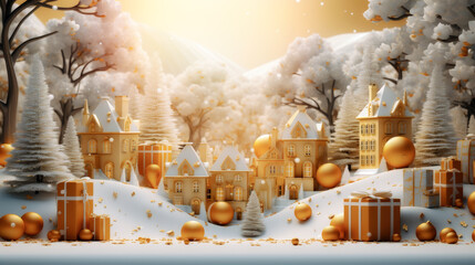 Abstract concept of a city with winter snow, gifts and Christmas balls. Generative AI