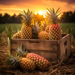 Pineapples harvested in a wooden box in plantation with sunset. Natural organic fruit abundance. Agriculture, healthy and natural food concept.