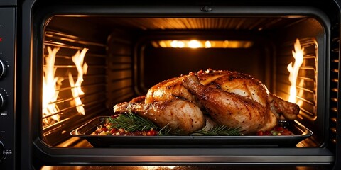 Fototapeta premium A delicious turkey freshly cooked in the oven. Christmas or Thanksgiving festive concept.