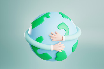 Happy Earth Day. 3D cartoon hand hugging the earth. World environment day concept, save the earth, protect the environment and green life, 3D illustration.