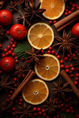 Obraz na płótnie Canvas Christmas spices, fruit pieces, baubles, seeds and leaves abstract background. Vertical composition.