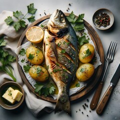 Grilled fish paired with herbed potatoes, seasoned to perfection and garnished with fresh parsley.