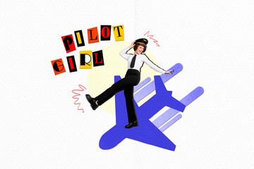 Full body length photo collage happy young woman dance celebrate her dream job pilot girl profession aviation isolated on white background