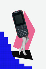 Vertical photo collage artwork minimal picture of headless absurd person nostalgia mobile button...