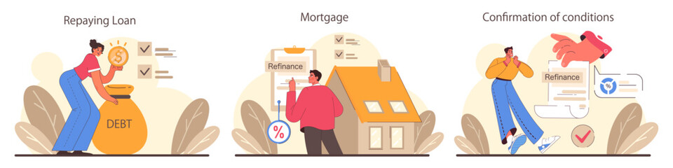 Refinance process set. Loan rate reduction to lender agreements. Debt obligation with better interest rate. Housing loan, real estate mortgage. Flat vector illustration - obrazy, fototapety, plakaty