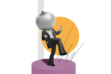 Composite collage image of absurd man onion head enjoying fresh vegetables delivery vegetables...