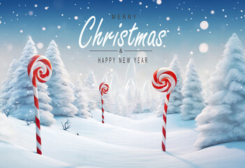 Winter scene of a lollipops fantasy world. Merry Christmas and new year greeting card. Christmas text Calligraphic