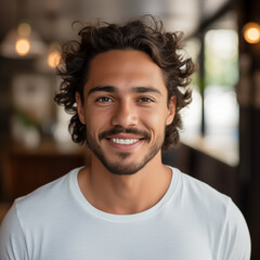 portrait of a latino man with curly hair and cute smile