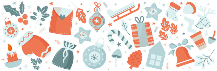 Ensemble de motifs, illustrations vectorielles éditables autour de Noël et des fêtes de fin d'année - Vacances d'hiver - Décembre - Festivités - Dessins  festifs et colorés pour les fêtes de Noël - obrazy, fototapety, plakaty