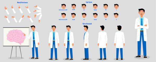 A neurologist doctor model sheet. male neurologist doctor turnaround sheet. Doctor hand gestures, lip sync