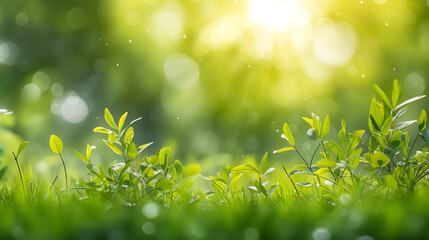 Fototapeta na wymiar Spring summer nature background with grass, trees branch with green leaves and sun rays