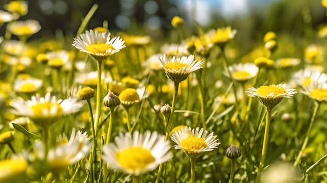 Banner panorama of wild flowers of daisies in a yellow summer field in nature.