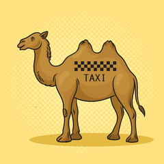 Camel taxi transport pinup pop art retro hand drawn raster illustration. Comic book style imitation.