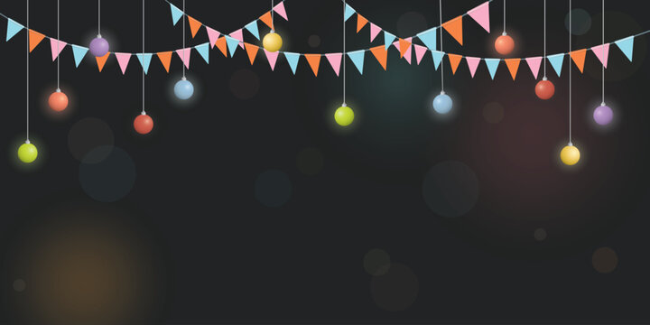 Colorful hanging flag garlands and evening balls with blurred background vector illustration. Party background template have blank space.