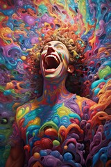 Joyful young adult with short dark hair surrounded by abstract swirls of color, conveying a sense of euphoria and energy.