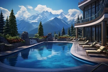 Pool at a luxury hotel with mountains at background at daytime