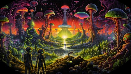 In a sci-fi landscape, aliens in suits observe giant mushrooms and a UFO illuminated by sunset.