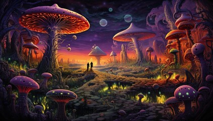 Fantasy landscape filled with massive, unnaturally colored mushrooms and two human silhouettes in the foreground, evoking the atmosphere of an alien world.