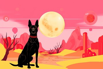 A black dog seated against a surreal landscape with a pastel-pink sky, a huge yellow moon, and abstract purple shapes.