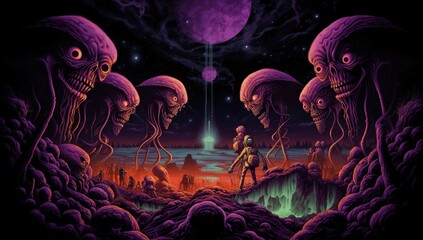 In an enchanted purple-night landscape illuminated by two moons, an astronaut with protrusions encounters mysterious, gigantic one-eyed aliens with multiple tentacles. - obrazy, fototapety, plakaty