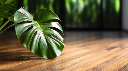 Green tropical leaf Monstera shadow on wooden background Top view