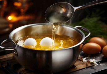 Soup with boiled poached eggs, cooking concept