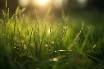 Fototapeta na wymiar Spring juicy grass with blurry selective focus