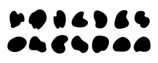 Hand-drawn black round abstract organic blots of irregular shape. Liquid shapes for decorations. Vector illustration.