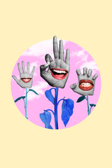 Creative weird collage of flowers with different emotions mouths smiling cherry or aggressive grimace isolated on yellow background