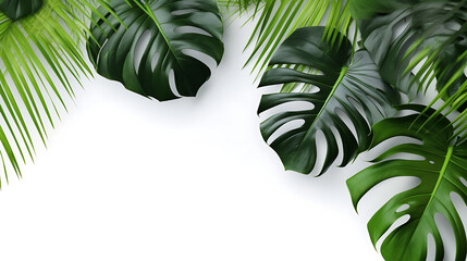 Creative arrangement of tropical monstera leaves against white abstract wall background - obrazy, fototapety, plakaty