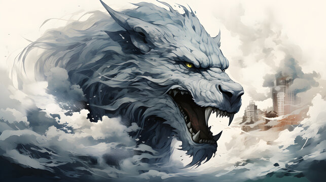 Black and white Dragon in Chinese art style silhouette - Generated by AI