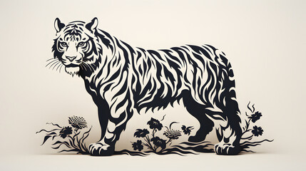 Black and white tiger in Chinese art style silhouette - Generated by AI