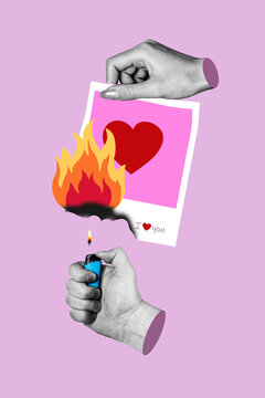 Vertical collage picture of hand holding lighter flame burning love paper postcard break up concept isolated on pink color background